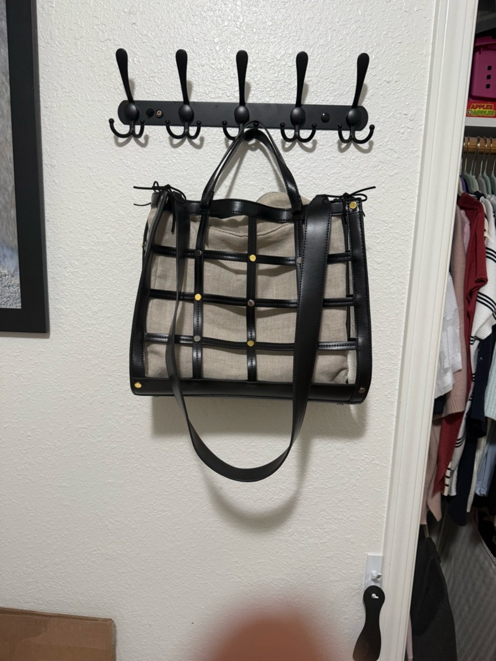 STAUD Black Leather Lattice Tote with Cream Canvas Insert